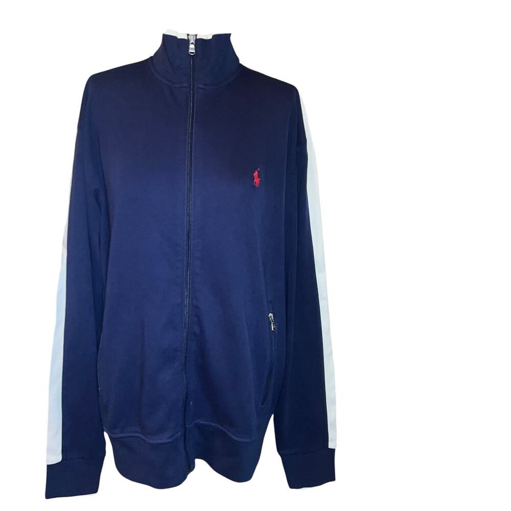 Polo Ralph Lauren Navy blue white stripe red embroidered pony full zip men LRG